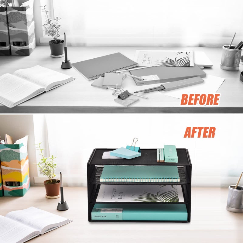 EASEPRES 3 Tier Mesh Desk Organizer Tray  File Paper Letter Folder Holder Desktop Paper Sorter Mail Organization Rack Storage Accessories  for Office Home School Classroom  Black - Image 3